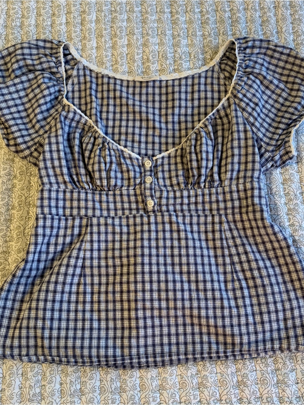 Brandy Melville Blue Plaid Puff Sleeve Blouse